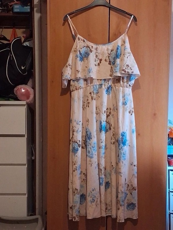 Zara Dresses & Skirts - Zara Cream Midi Dress with Blue Floral Print